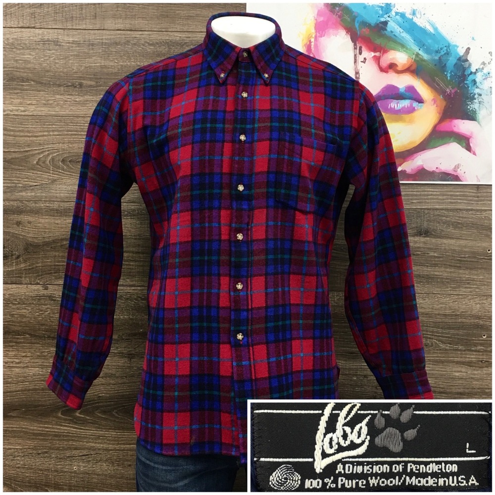 VINTAGE Lobo by Pendleton Mens Large Red Blue Plaid Wool Button‎ Down Shirt USA